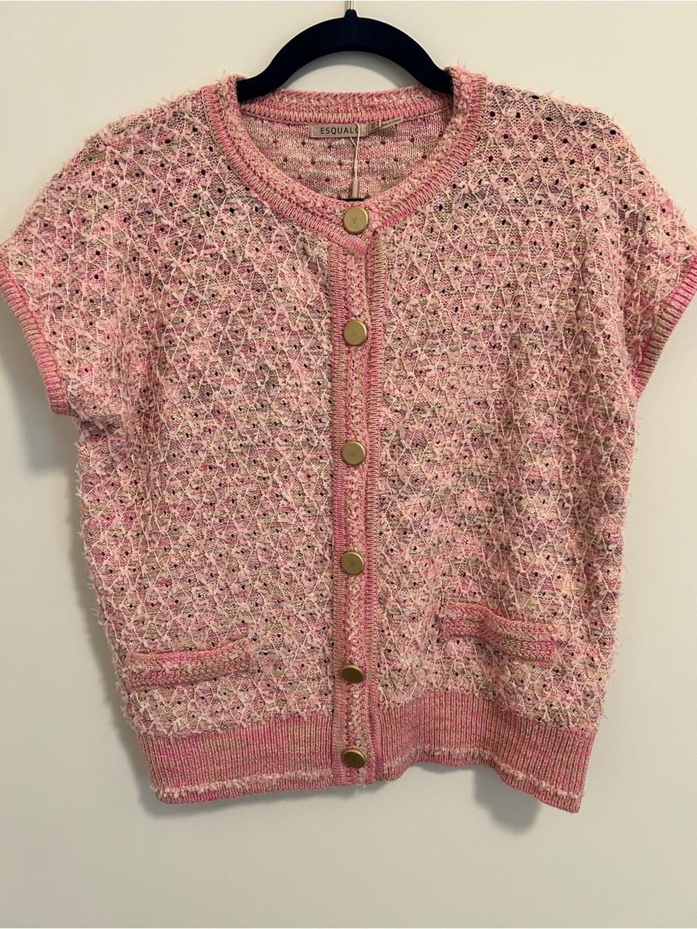 ESQUALO Pink Tweed Short-Sleeve Cardigan with Gold Buttons